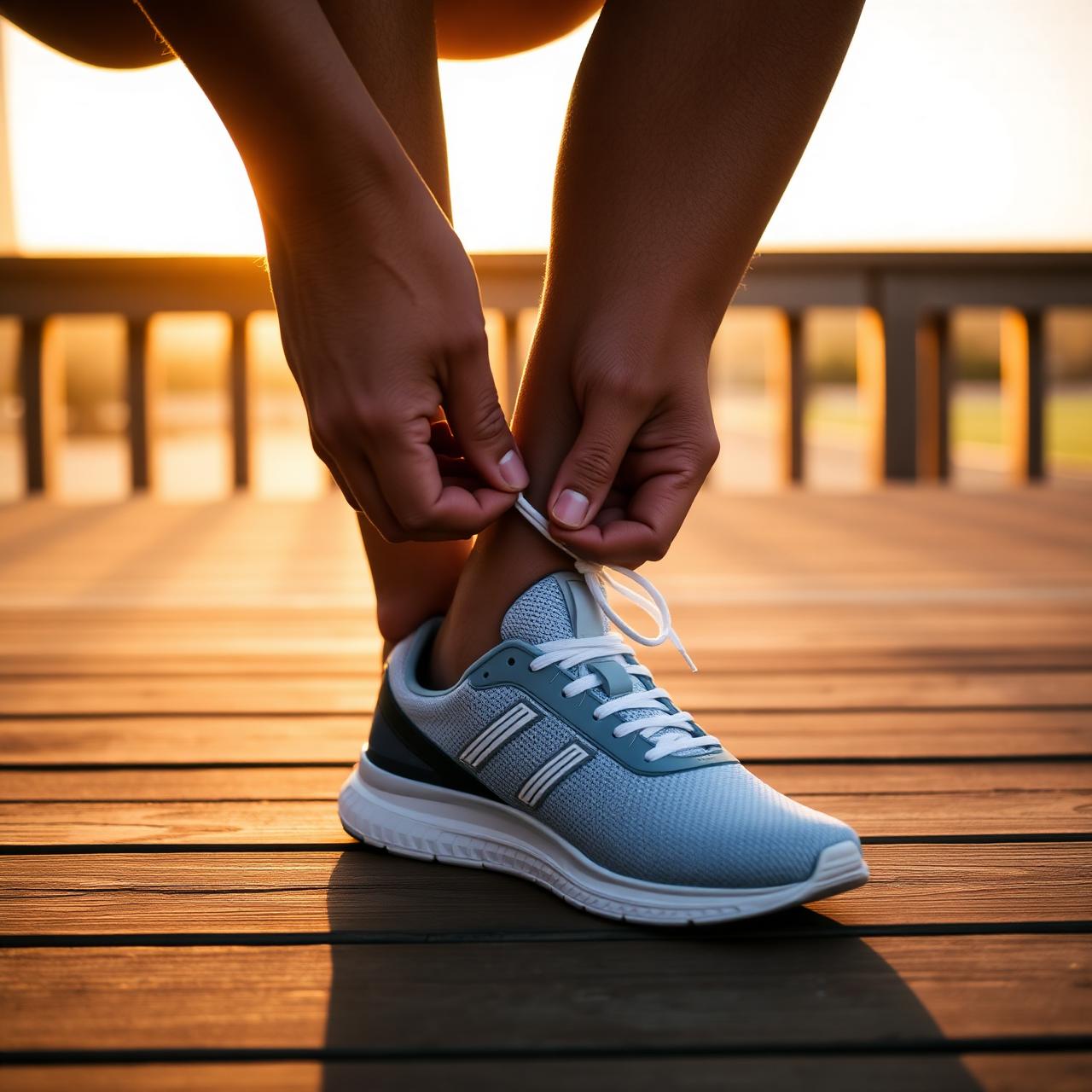 Runner lacing up smart sneakers at sunrise