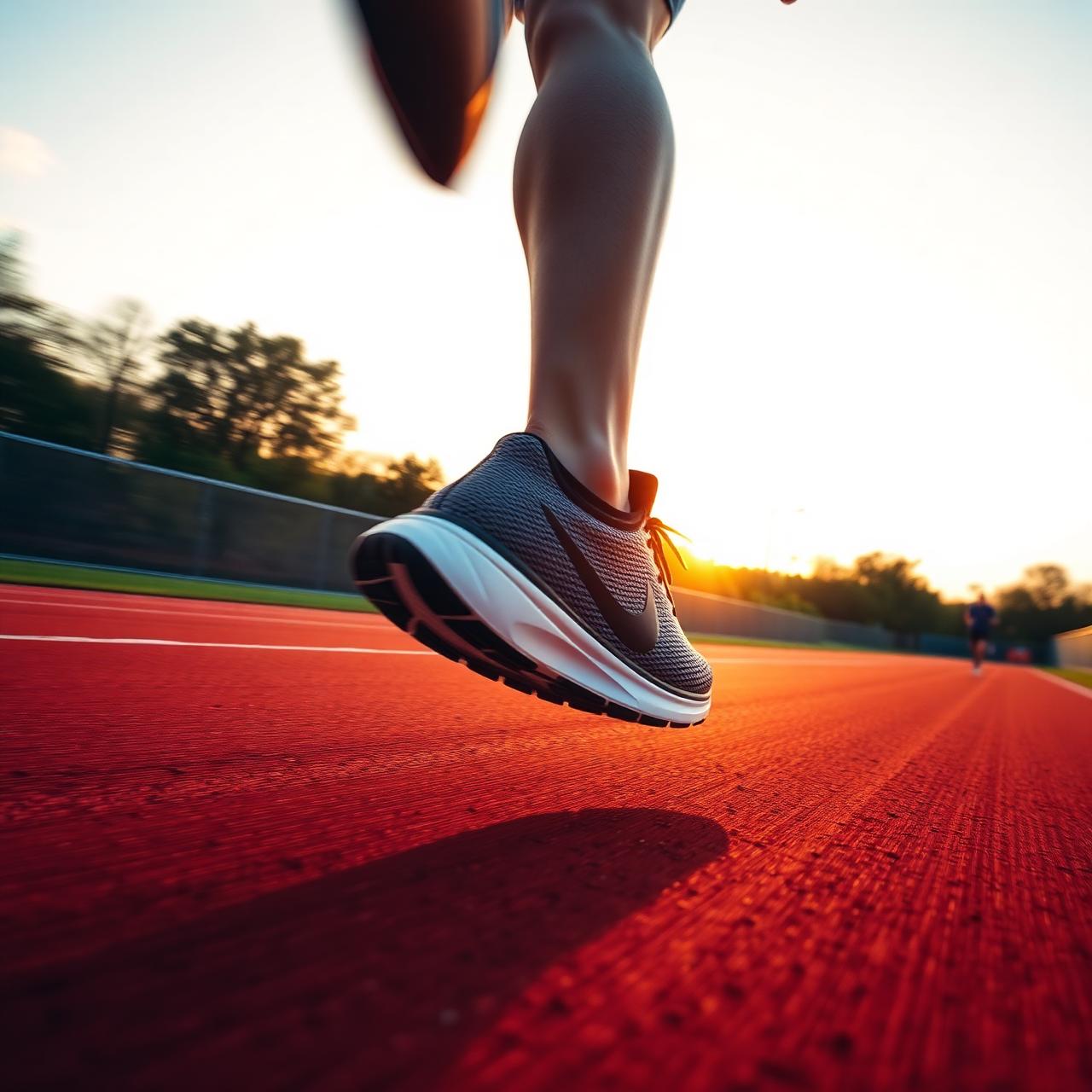 Runner mid-stride on a sunset track wearing smart sneakers